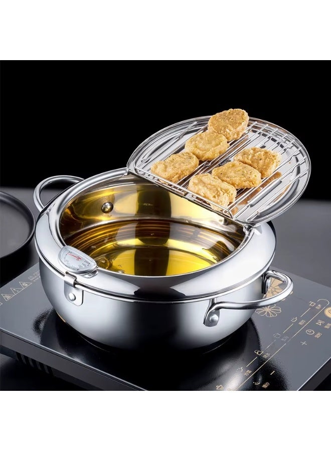 حلة قلى ستانلس ستيل بترمومتر وغطاء مصفاة – 2.2 لتر لتحمير البطاطس والفراخ والجمبري على الغاز والكهرباء والاندكشن - Image 1